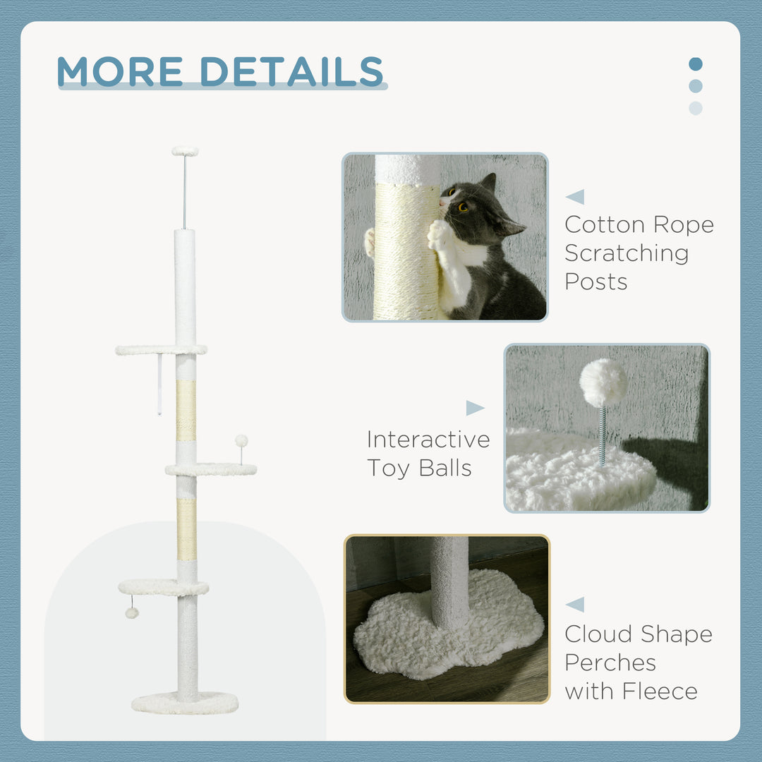 PawHut 88.5"-100.5" Floor to Ceiling Cat Tree, Cat Tower with Scratching Posts, Cloud Shaped Platforms, Dangling Balls, White