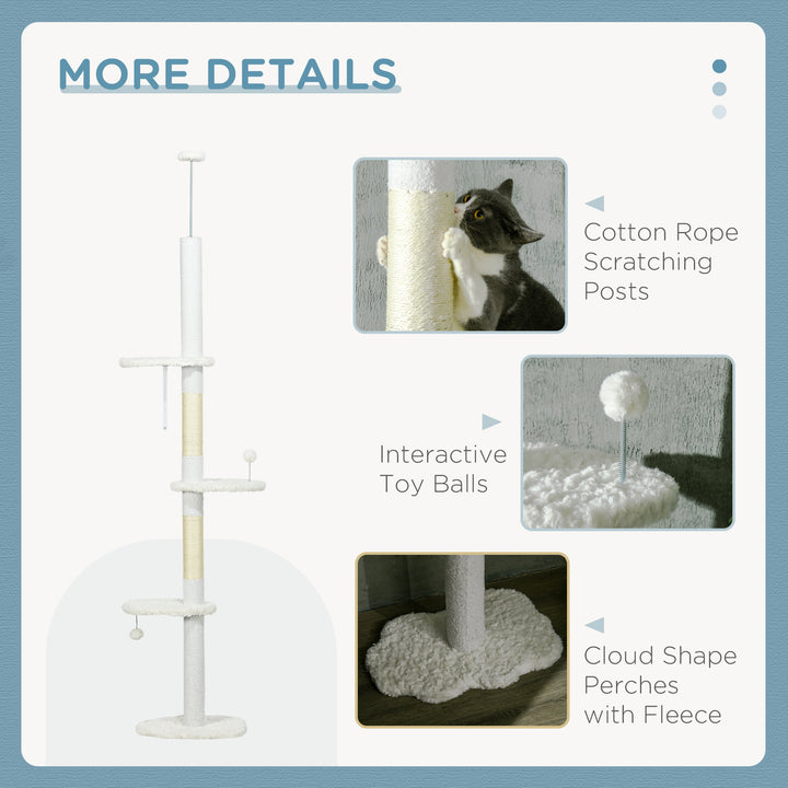 PawHut 88.5"-100.5" Floor to Ceiling Cat Tree, Cat Tower with Scratching Posts, Cloud Shaped Platforms, Dangling Balls, White