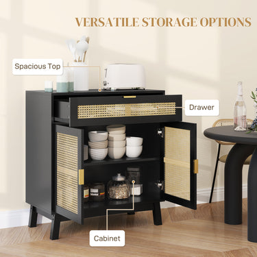 HOMCOM Boho Sideboard Storage Cabinet with Rattan Doors, Black