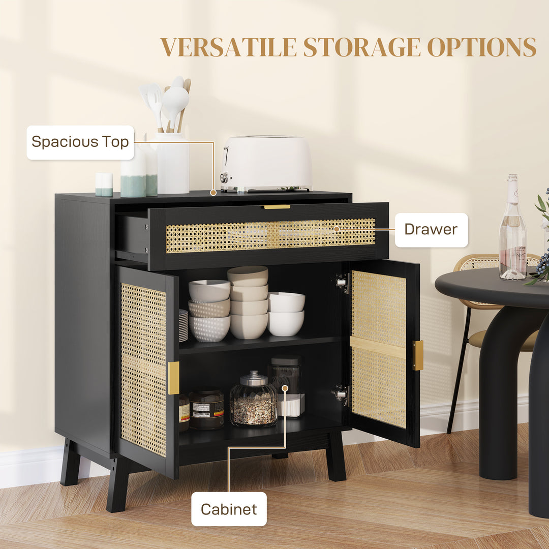 HOMCOM Boho Sideboard Storage Cabinet with Rattan Doors, Black