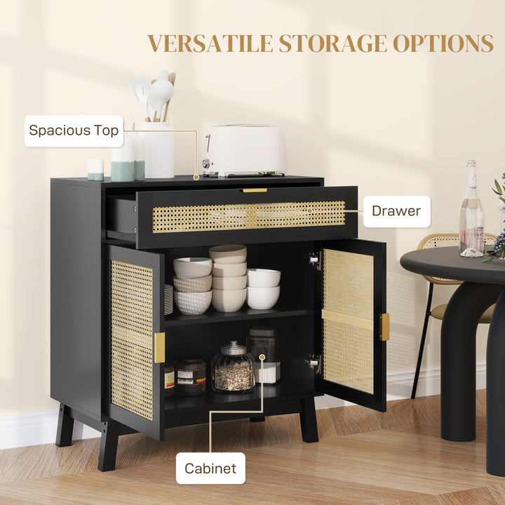 HOMCOM Boho Sideboard Storage Cabinet with Rattan Doors, Black