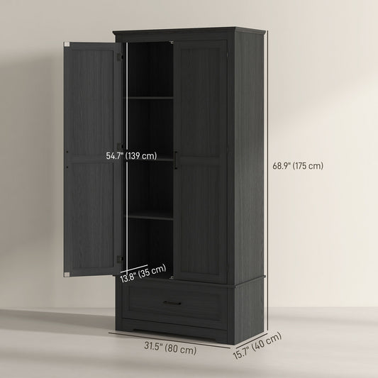 HOMCOM 69" Tall Farmhouse Kitchen Pantry Cabinet with 2 Doors, Drawer and Adjustable Shelves, Black Wood Grain
