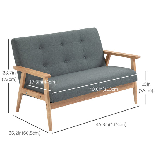 HOMCOM 45" 2 Seat Sofa, Upholstered Two Seater Couch with Rubber Wood Legs for Bedroom, Living Room, Dark Grey