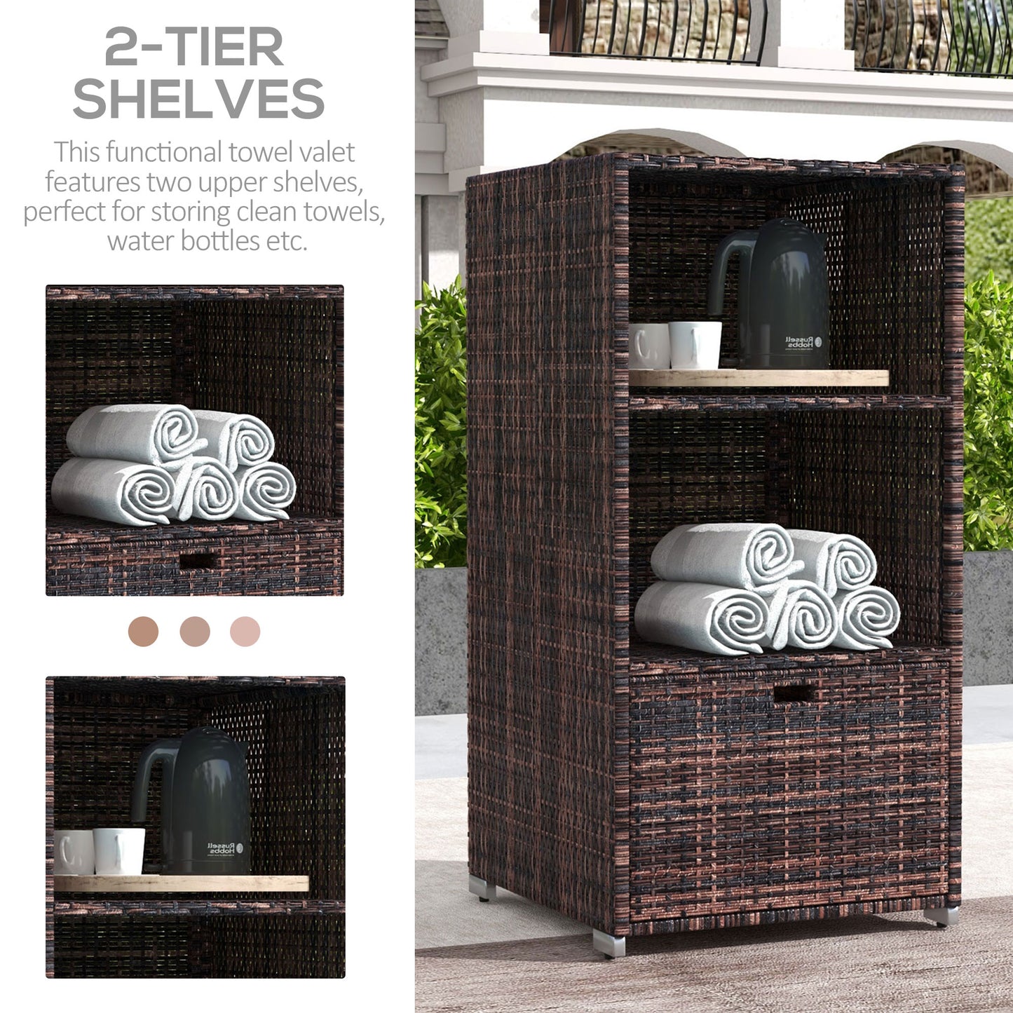 Outsunny Outdoor Storage Cabinet, Patio Storage Box Rack Rattan Wicker Pool Towel Valet Organizer Poolside Garden Lawn Bathroom Furniture Shelf w/ Shelf Drawer, Dark Brown