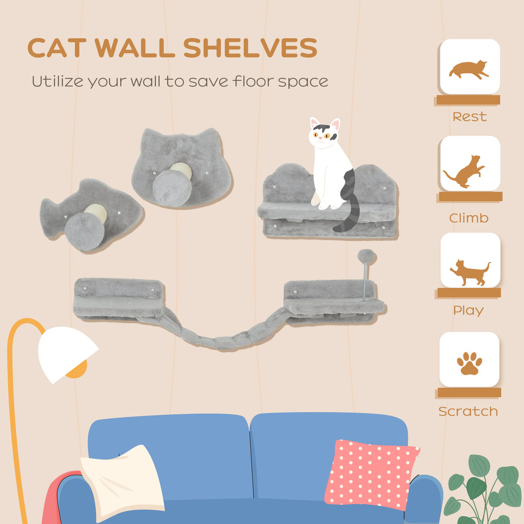 PawHut 4PCs Cat Wall Shelves with Steps, Scratching Posts, Ladder, Platforms, Toy Balls
