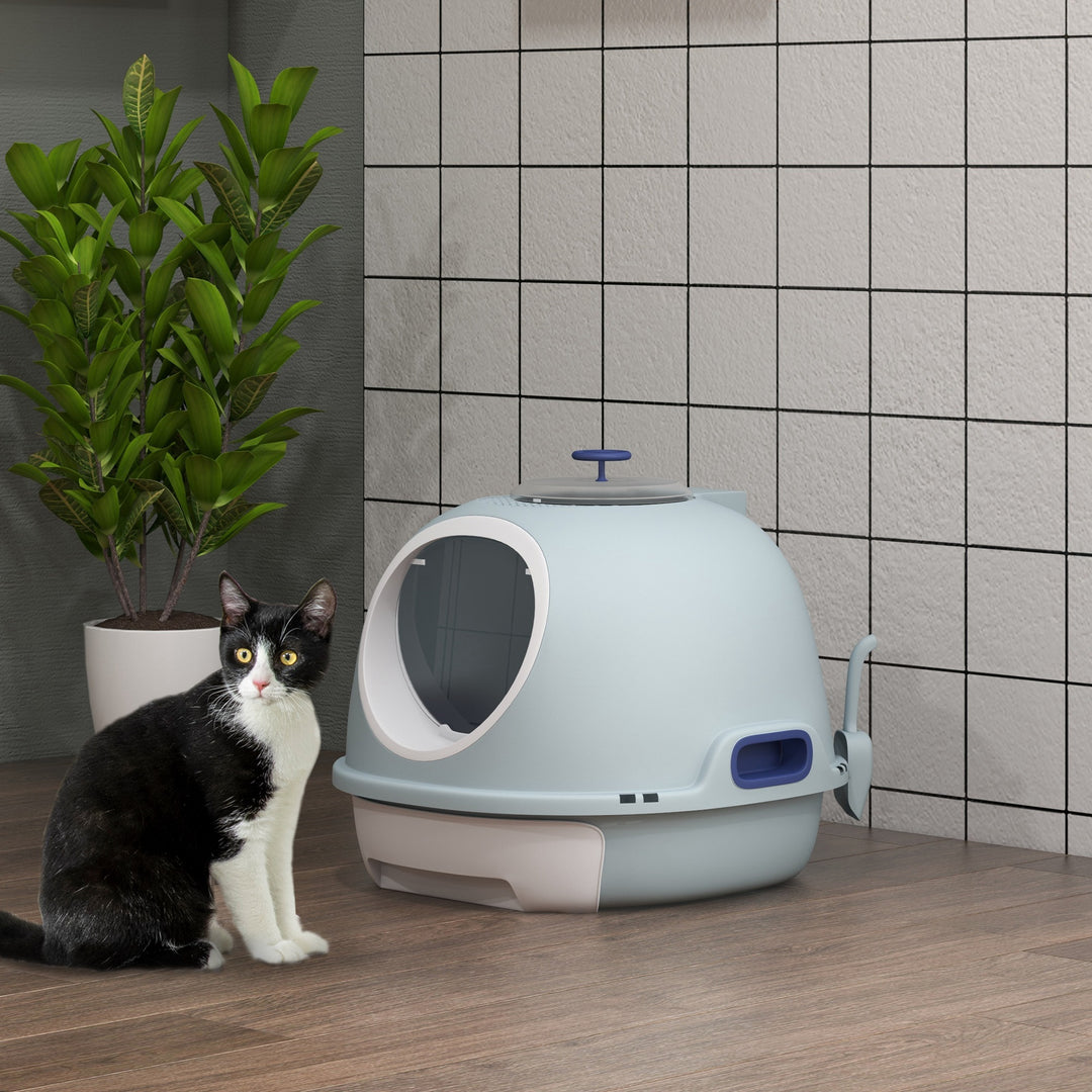 PawHut Cat Litter Box Toilet with Lid, Covered Litter Box with Scoop, Enclosed Drawer and Skylight, Blue