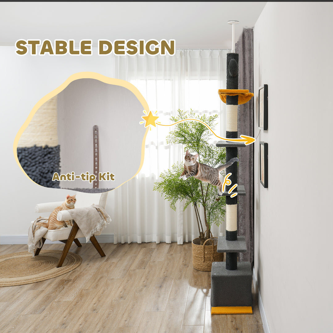 PawHut Floor to Ceiling Cat TreeTower with 90.5"-108" Adjustable Height, Scratching Posts, Hammock, Comdo, Toy Ball, Light Grey