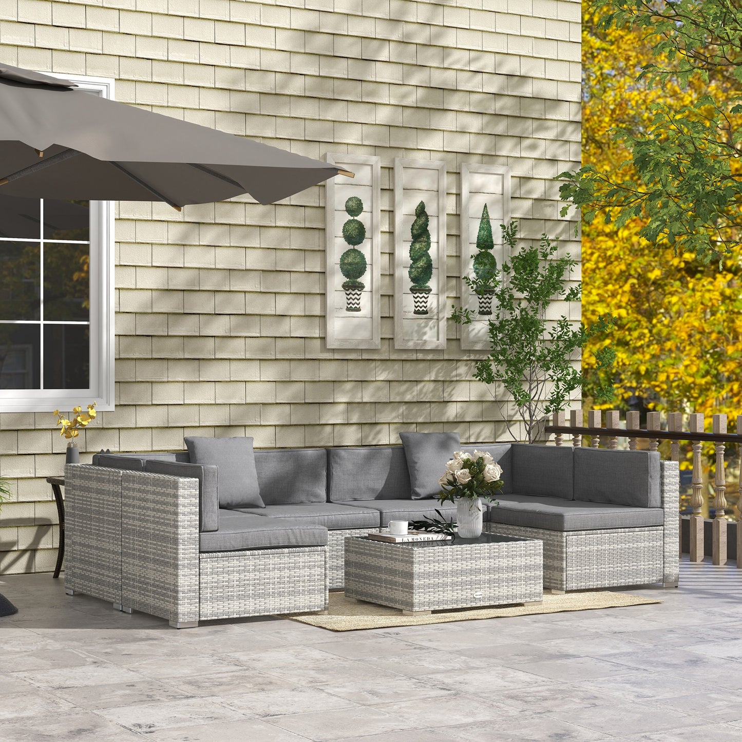 Outsunny 7pcs Garden Wicker Sectional Set w/ Tea Table Patio Rattan Lounge Sofa with Cushion for Outdoor Deck Orange