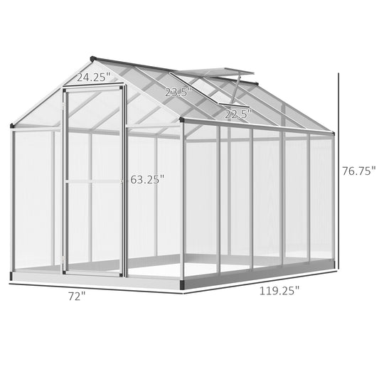 Outsunny 6' x 10' x 6.4' Walk-in Garden Greenhouse Polycarbonate Panels Plants Flower Growth Shed Cold Frame Outdoor Portable Warm House Aluminum Frame, Silver