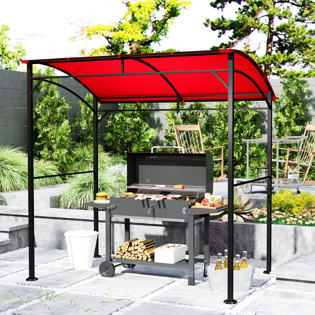 Outsunny 9' x 5' BBQ Grill Gazebo Tent, Garden Grill Canopy Outdoor Grill Shelter w/ Steel Frame and Serving Shelves, Dark Grey