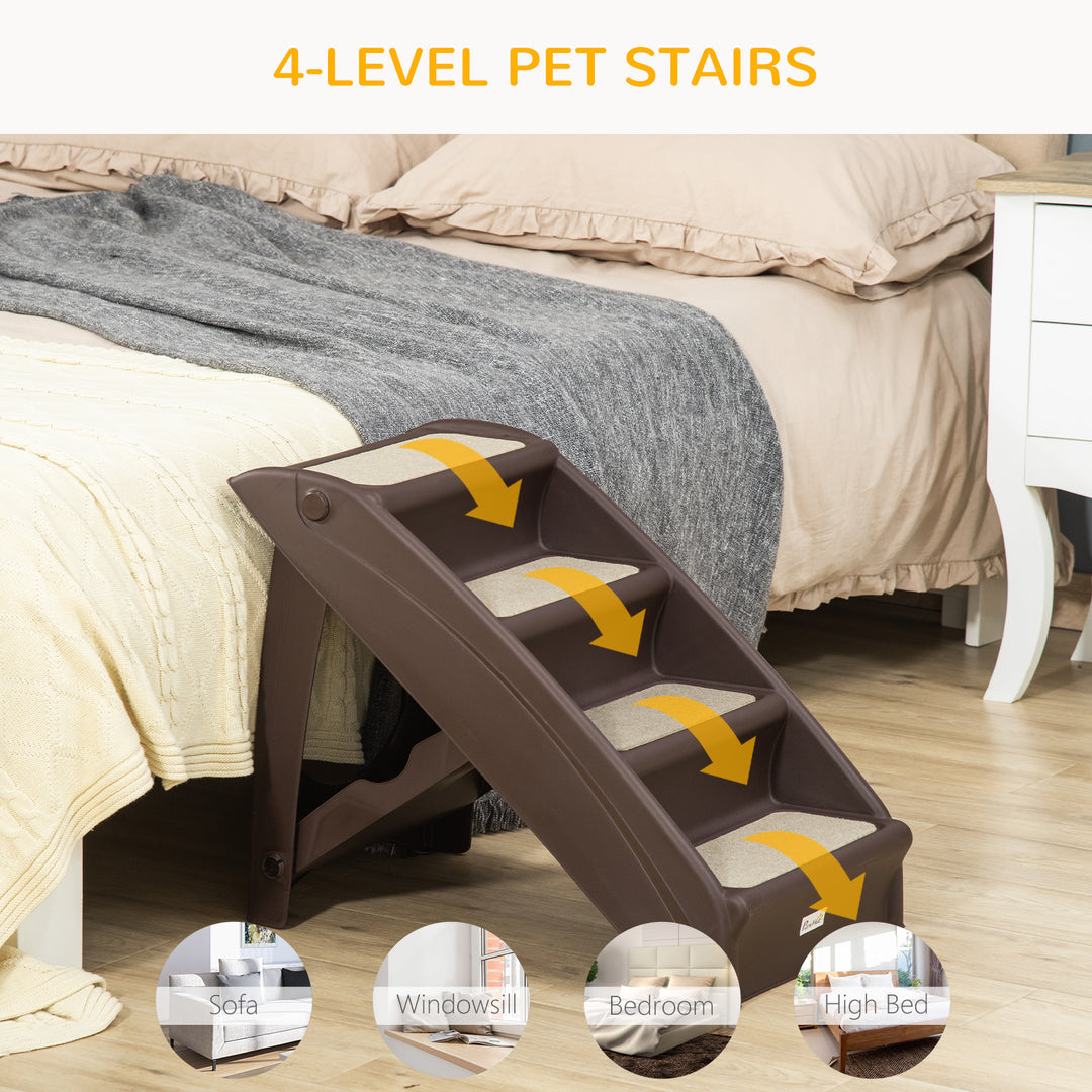 PawHut 4-Level Portable Pet Stairs, Foldable Dog Ramp, Lightweight Cat Steps, with Nonslip Soft Mats, for High Bed, Sofa, Up to 44 lbs, Dark Brown