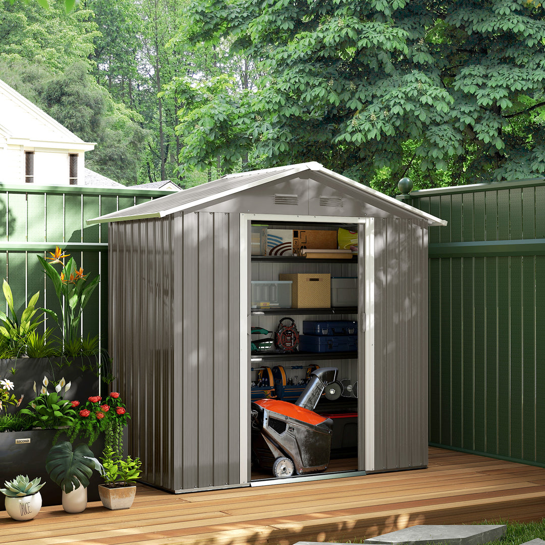 Outsunny 6.5x3.5ft Metal Garden Storage Shed for Outdoor Tool Storage with Double Sliding Doors and Vents, Grey