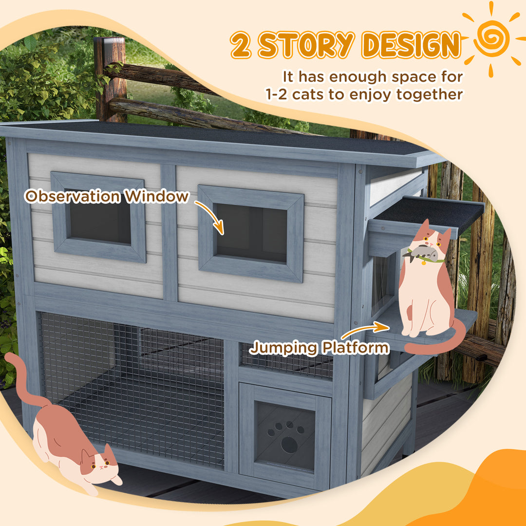 PawHut 2 Tier Outdoor Cat House with Escape Door, Jump platform, for 1-2 Cats, Light Grey
