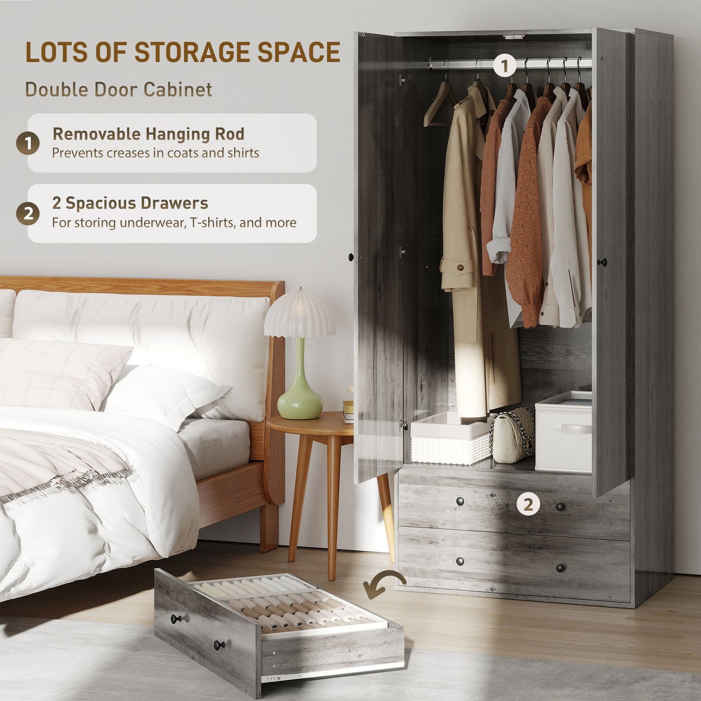 HOMCOM Modern Wardrobe Closet Armoire with 2 Drawers and Hanging Rod, Clothes Storage Organizer for Bedroom, Grey