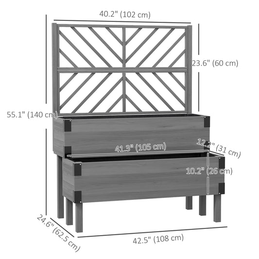 Outsunny Raised Garden Bed with Trellis, 2 Tier Wooden Elevated Planter Box  for Vegetables, Flowers, Herbs, Grey