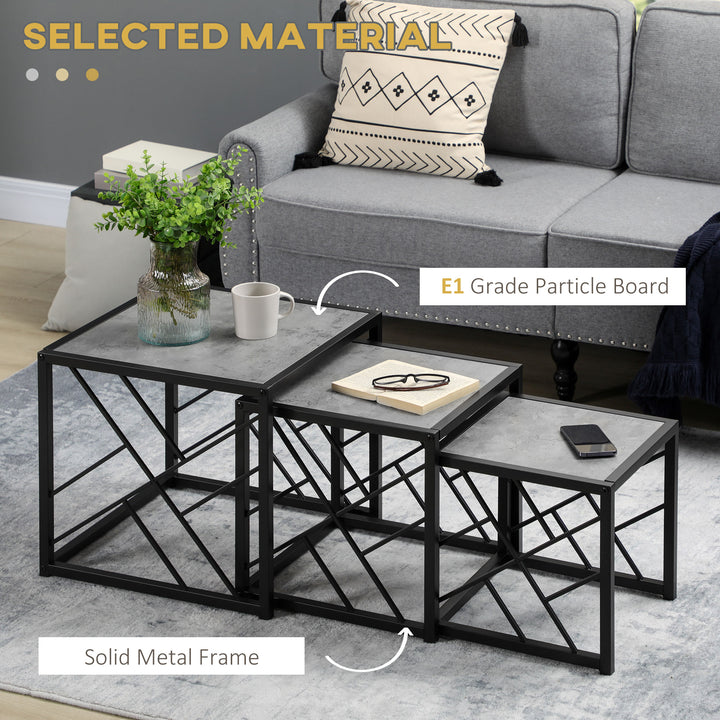 HOMCOM Nest of Tables Set of 3, Square Coffee Table Set with Metal Frame for Living Room, Bedroom, Grey