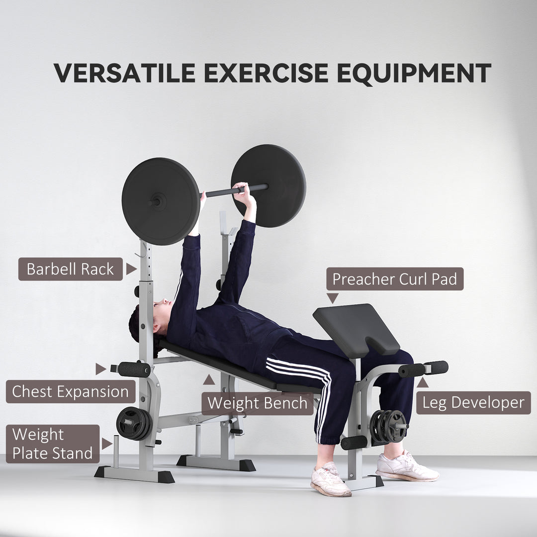 Soozier Bench Press Set Adjustable Weight Bench with Squat Rack, Preacher Curl Pad, Leg Developer and Weight Storage, White