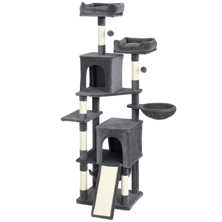 PawHut Cat Tree, 70" Multi-Level Cat Tower with 2 Condos, 2 Perches, Hammock, Toy Balls, Scratching Posts and Board, Green