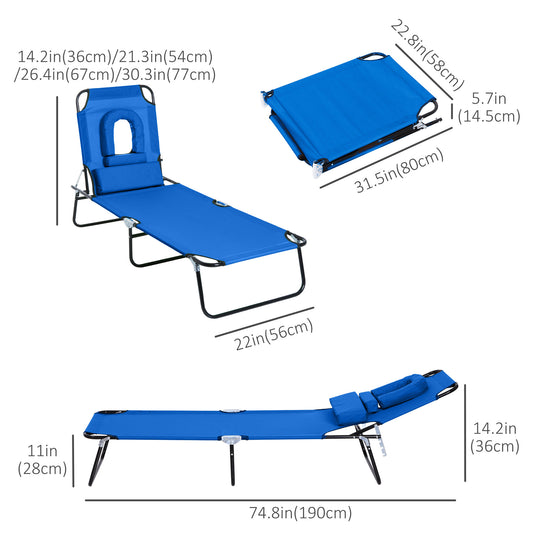 Outsunny Folding Outdoor Lounge Chair, Portable Reclining Beach Lounger with Face Hole, Detachable Pillow, 4-Position Adjustable Backrest, For Patio, Garden, Poolside, Blue