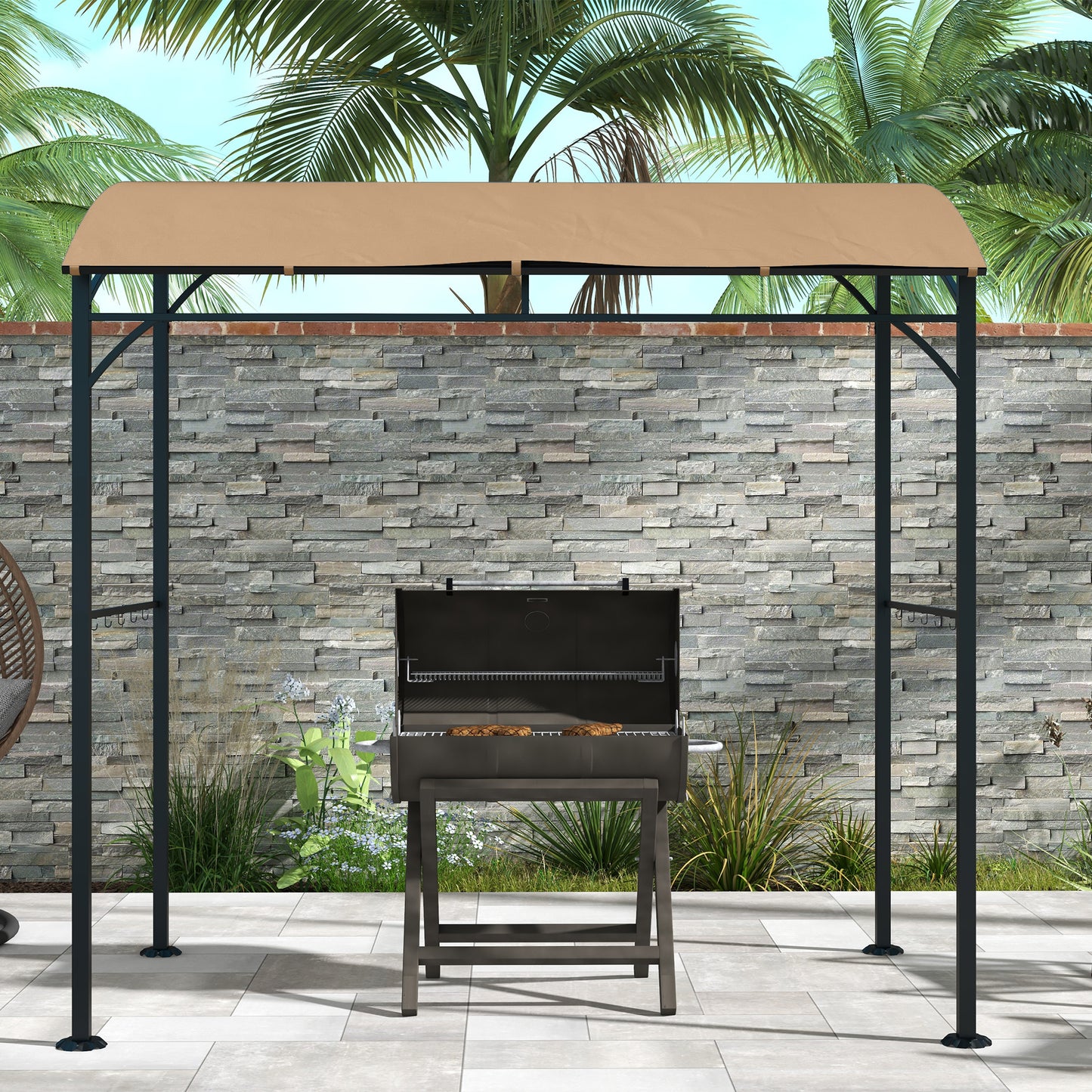 Outsunny 7' x 5' BBQ Grill Gazebo Tent, Garden Grill Canopy with Steel Frame and Hooks, Outdoor Sun Shade, Beige