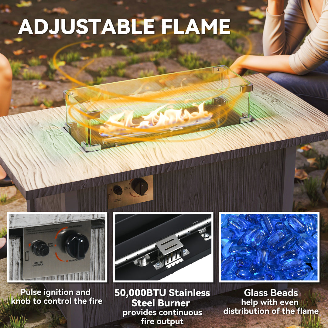 Outsunny 50,000 BTU Gas Fire Pit Table with Cover and Glass Screen, Grey