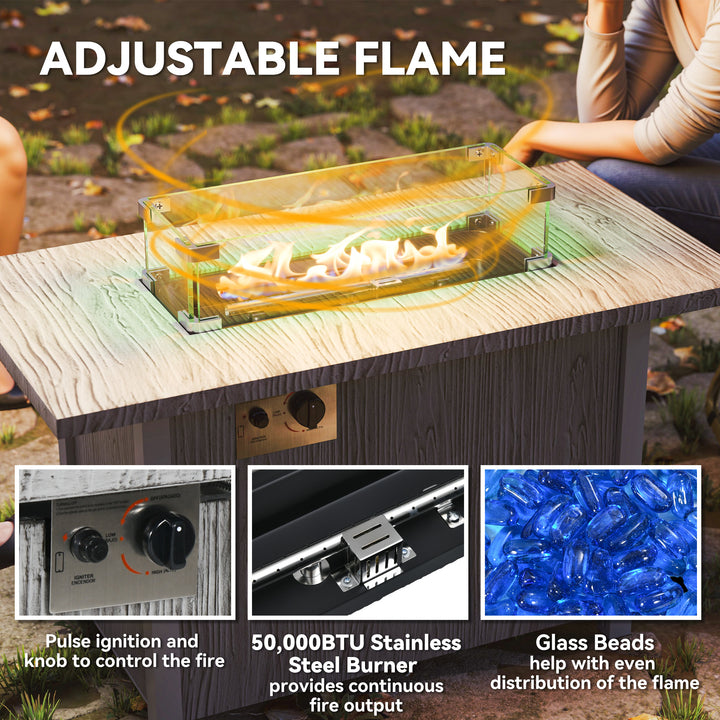 Outsunny 50,000 BTU Gas Fire Pit Table with Cover and Glass Screen, Grey