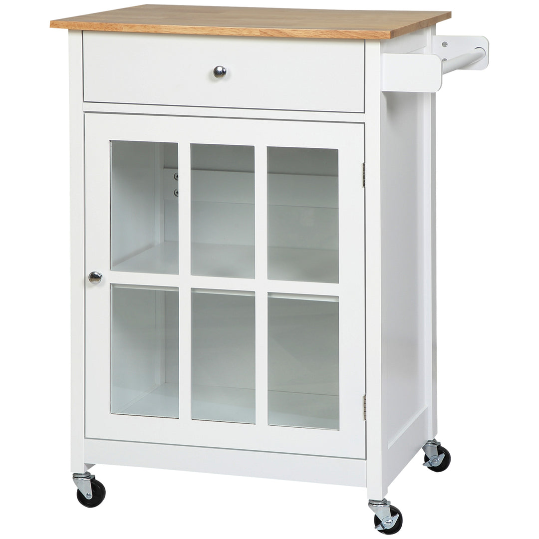HOMCOM Rolling Kitchen Cart with Drawer and Glass Door Cabinet, Kitchen Island on Wheels with Towel Rack, White