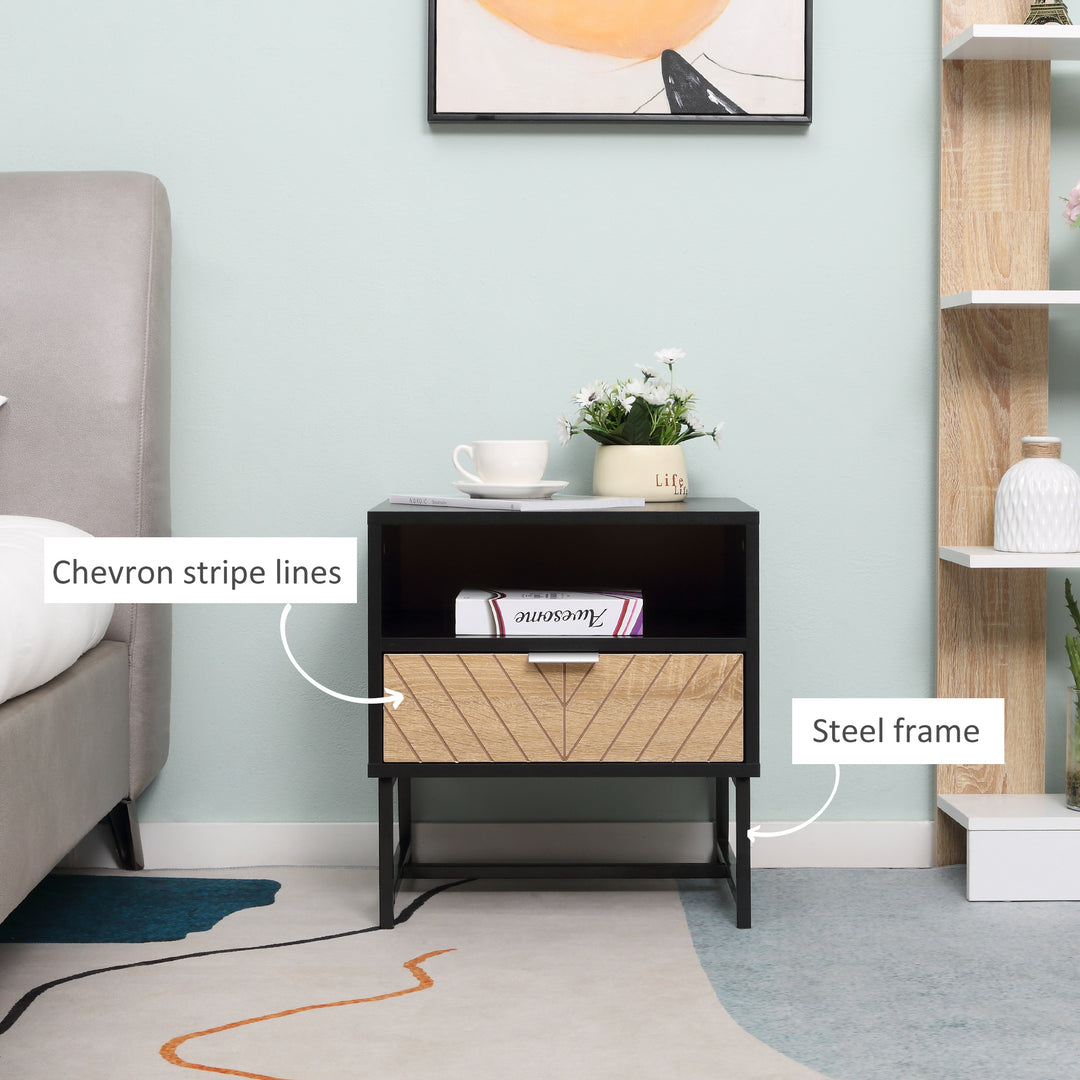 HOMCOM Modern Bedside Table with Drawer, Nightstand with Storage Shelf, Sofa End Table for Bedroom, White and Oak