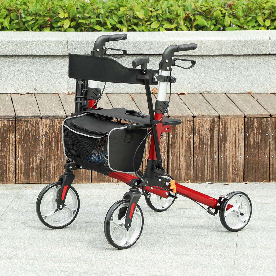 HOMCOM Lightweight Folding Rolling Walker with Large Seat, Back, Adjustable Handle, Bag, Dual Brake, Cane Holder, Red