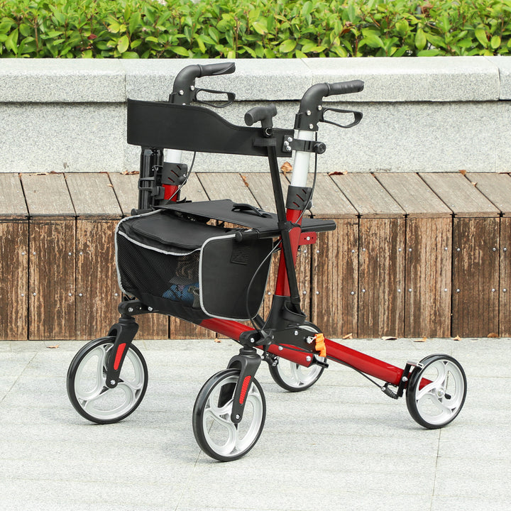 HOMCOM Lightweight Folding Rolling Walker with Large Seat, Back, Adjustable Handle, Bag, Dual Brake, Cane Holder, Red