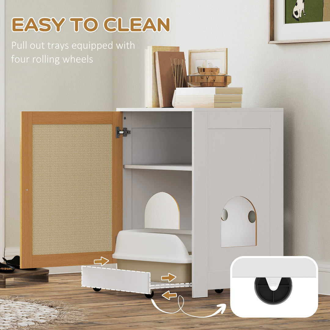PawHut Cat Litter Box Enclosure, Hidden Litter Box Furniture with Pull-Out Tray, Storage Cabinet, Scratching Mat, Oak