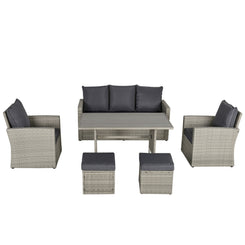 Outsunny 6 PCS Rattan Outdoor Dining Set Patio Dining Table and Chair Set with Plastic Wood Top Dining Table, Cushions, Grey