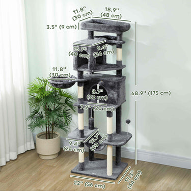 PawHut 69" Cat Tree, Multi-Level Cat Tower with 2 Condos, Plush Perch and Sisal Scratching Posts, Dark Grey