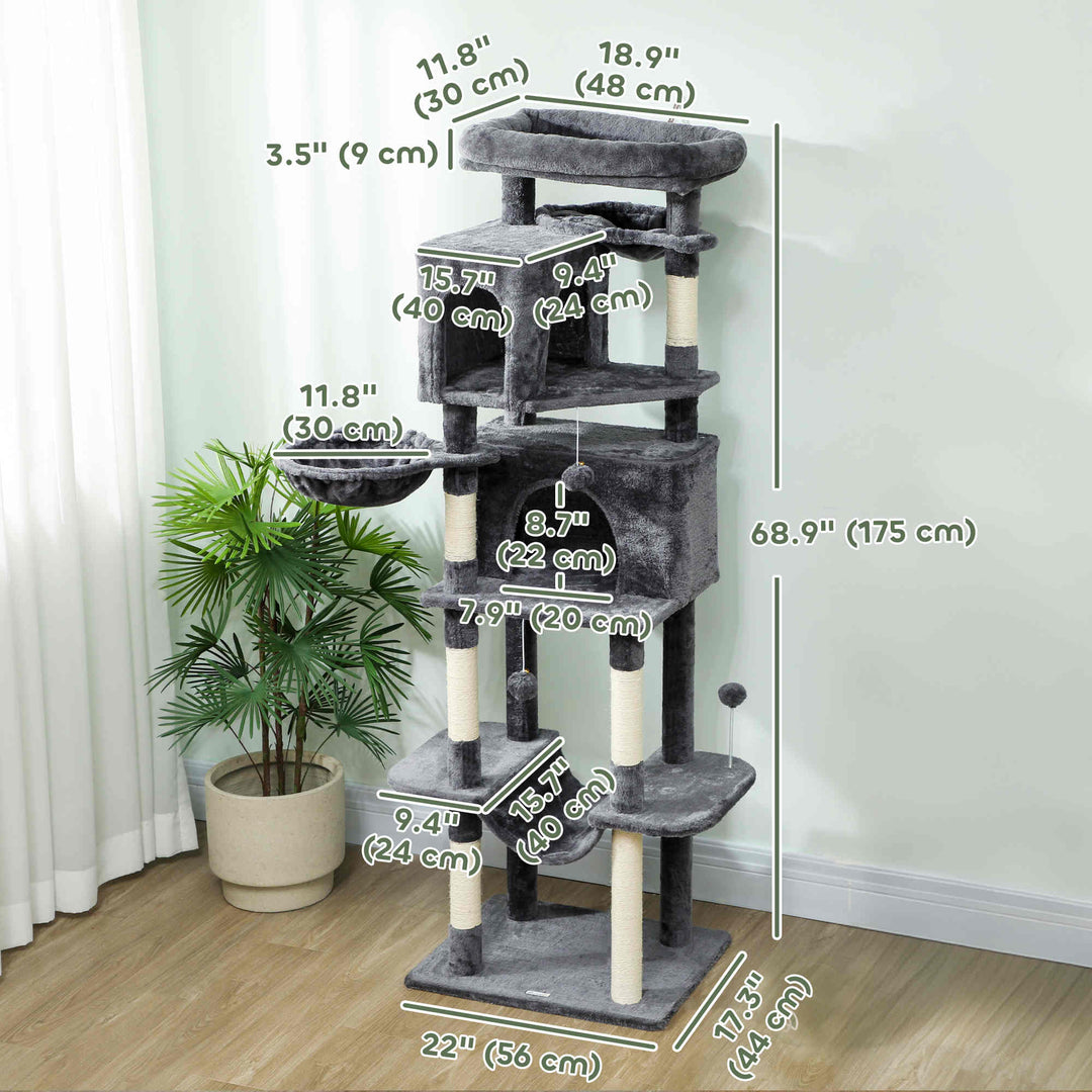 PawHut 69" Cat Tree, Multi-Level Cat Tower with 2 Condos, Plush Perch and Sisal Scratching Posts, Dark Grey