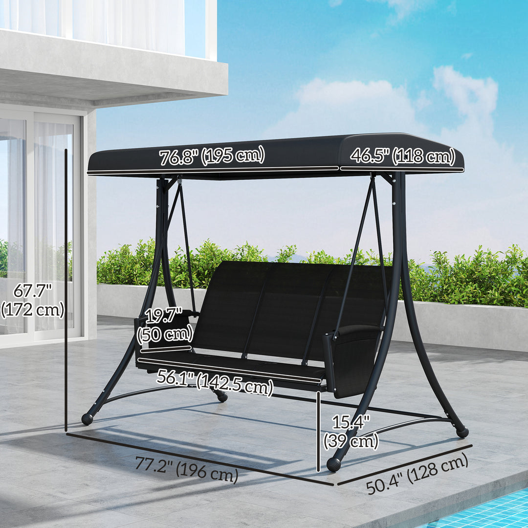 Outsunny 3 Person Porch Swing Outdoor Swing Chair with High Back Design, Side Pouches and Adjustable Canopy, Dark Grey