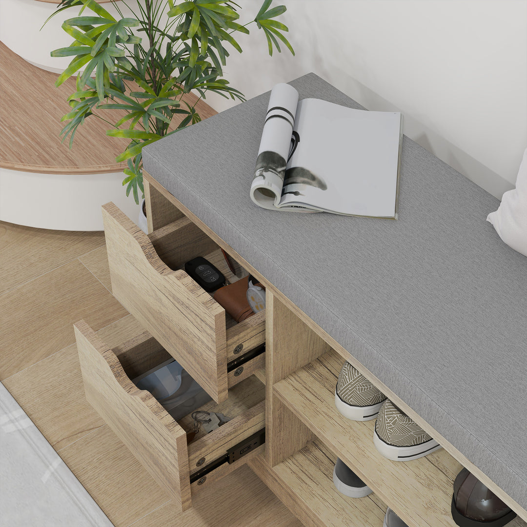 HOMCOM Upholstered Shoe Storage Bench w/ Seat, Entrance Bench w/ Drawer Open Shelves and Pocket for Hallway, White