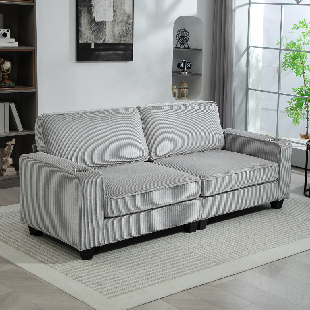 HOMCOM Three Seater Sofa, Fabric 3 Seater Couch with Spring Cushion and Cup Holders for Living Room, Bedroom, Cream White