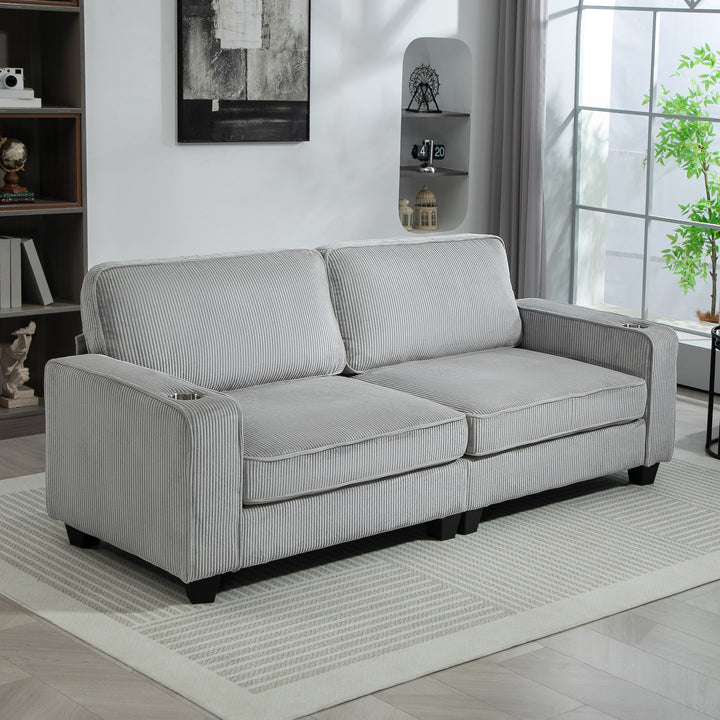 HOMCOM Three Seater Sofa, Fabric 3 Seater Couch with Spring Cushion and Cup Holders for Living Room, Bedroom, Cream White