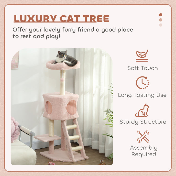 PawHut 47" Tall Cat Tree Tower with Condo, Ladder, Scratching Posts and Hanging Ball, Light Grey