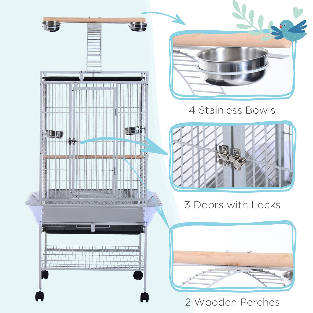 PawHut 63" Large Bird Parrot Cage Stand Finch Feeder Play Top House Perch Bowl Wheels, Silver