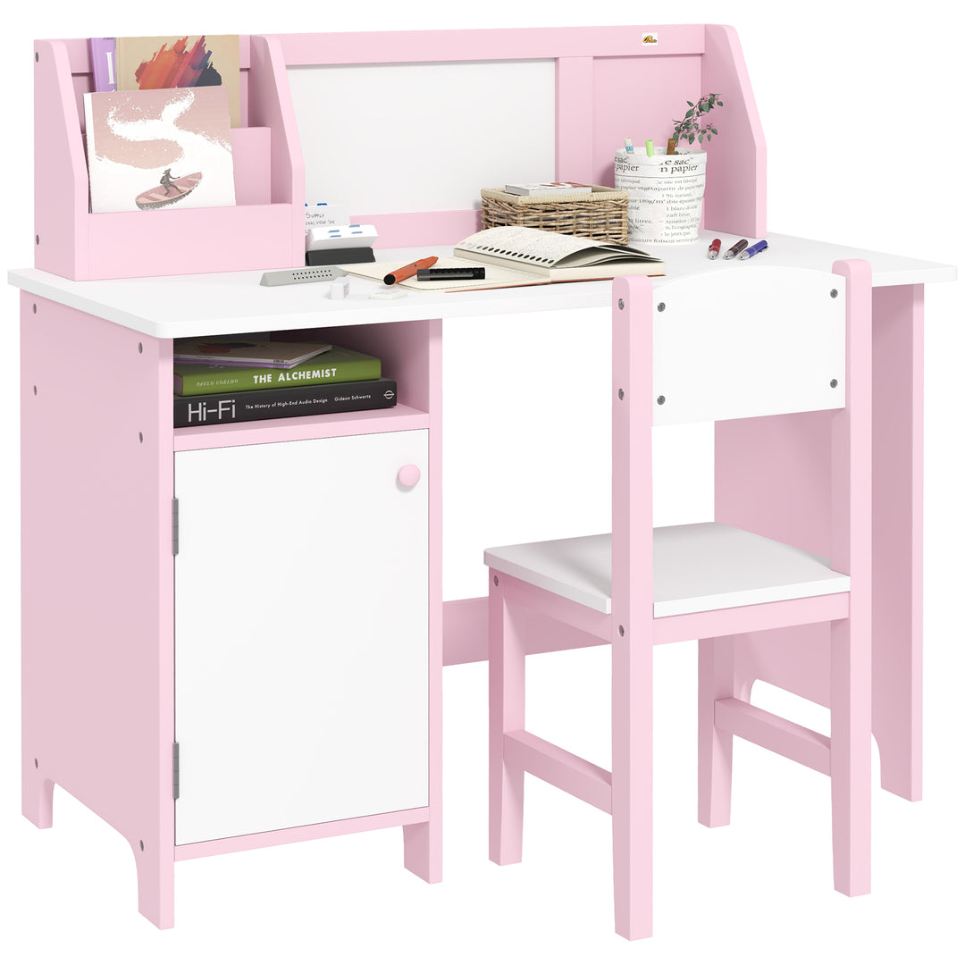 Qaba 2Pcs Kids Desk and Chair Set with Whiteboard, Storage, Shelves, Pink