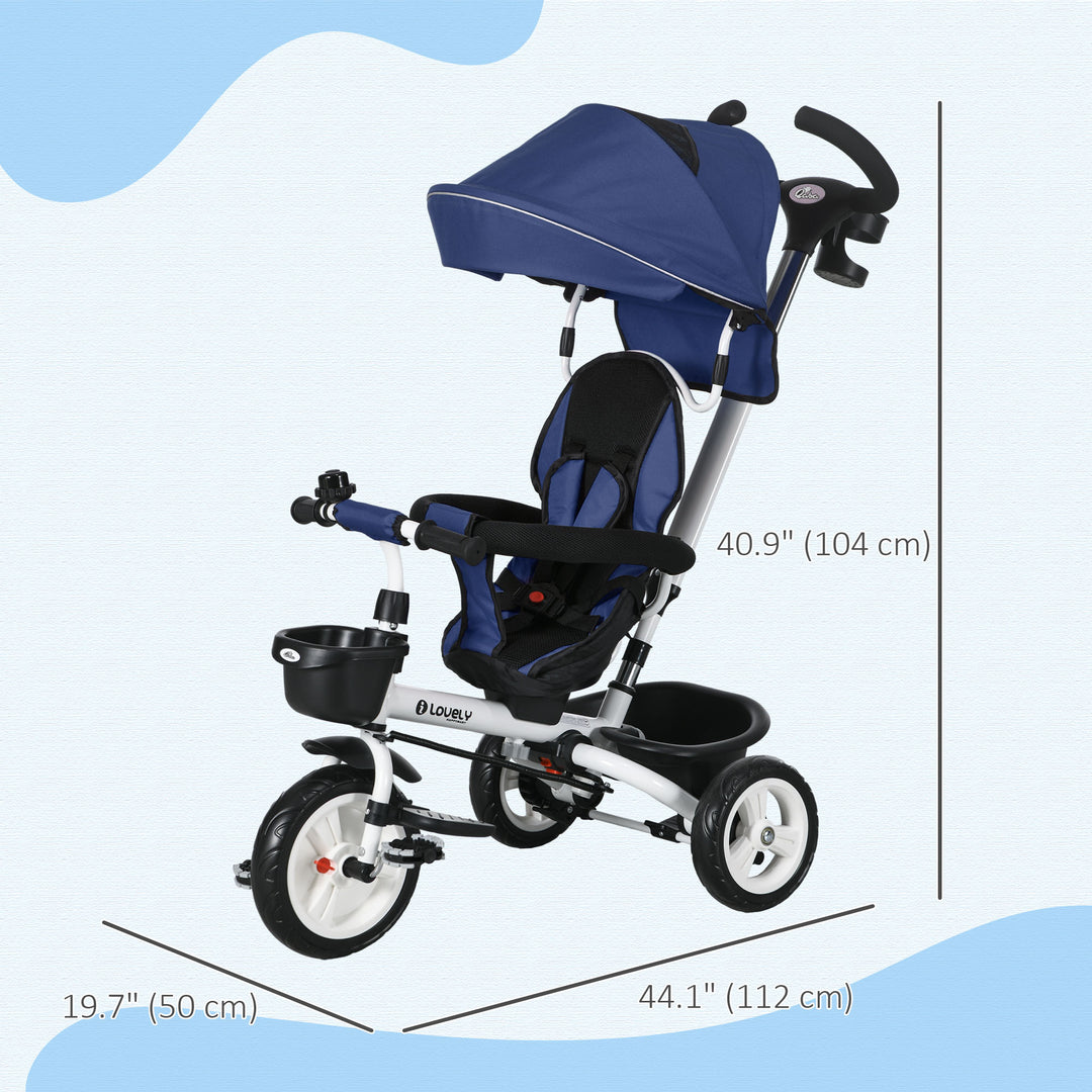 Qaba 6 in 1 Toddler Tricycle with Parent Push Handle, Canopy, Storage Baskets, Cupholder, Dark Blue