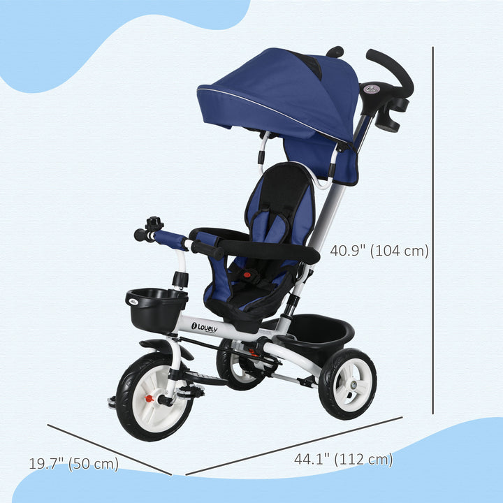 Qaba 6 in 1 Toddler Tricycle with Parent Push Handle, Canopy, Storage Baskets, Cupholder, Dark Blue