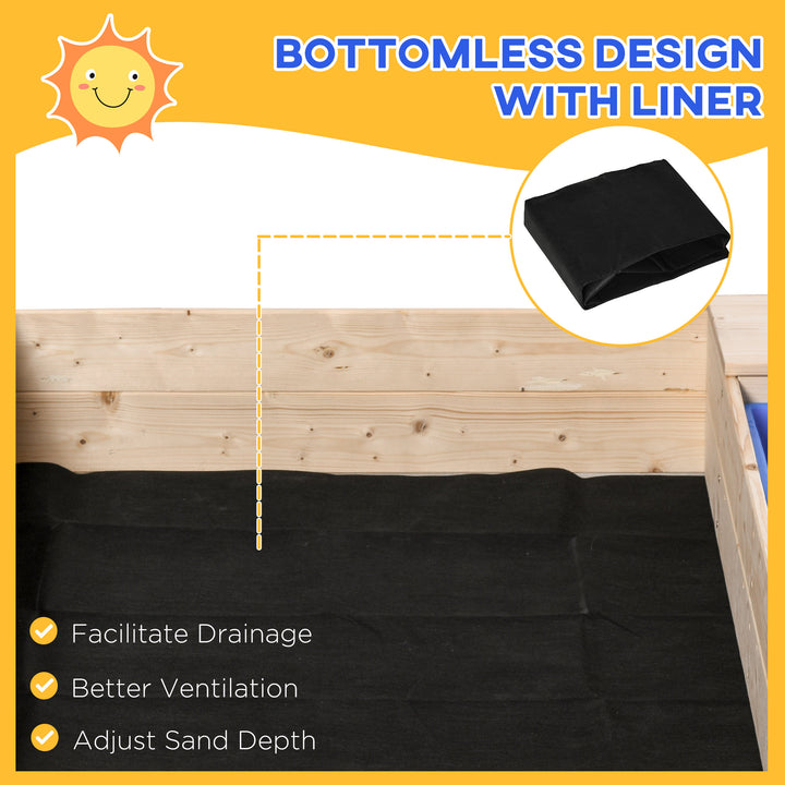 Outsunny Wooden Kids Sandbox with Foldable Bench Seat, 2 Plastic Boxes, Bottom Liner, Storage Space for Garden, Backyard