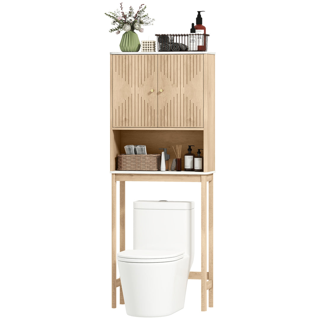 HOMCOM Over The Toilet Storage Cabinet with Adjustable Shelf, Open Shelf and Adjustable Bottom Bar, Oak