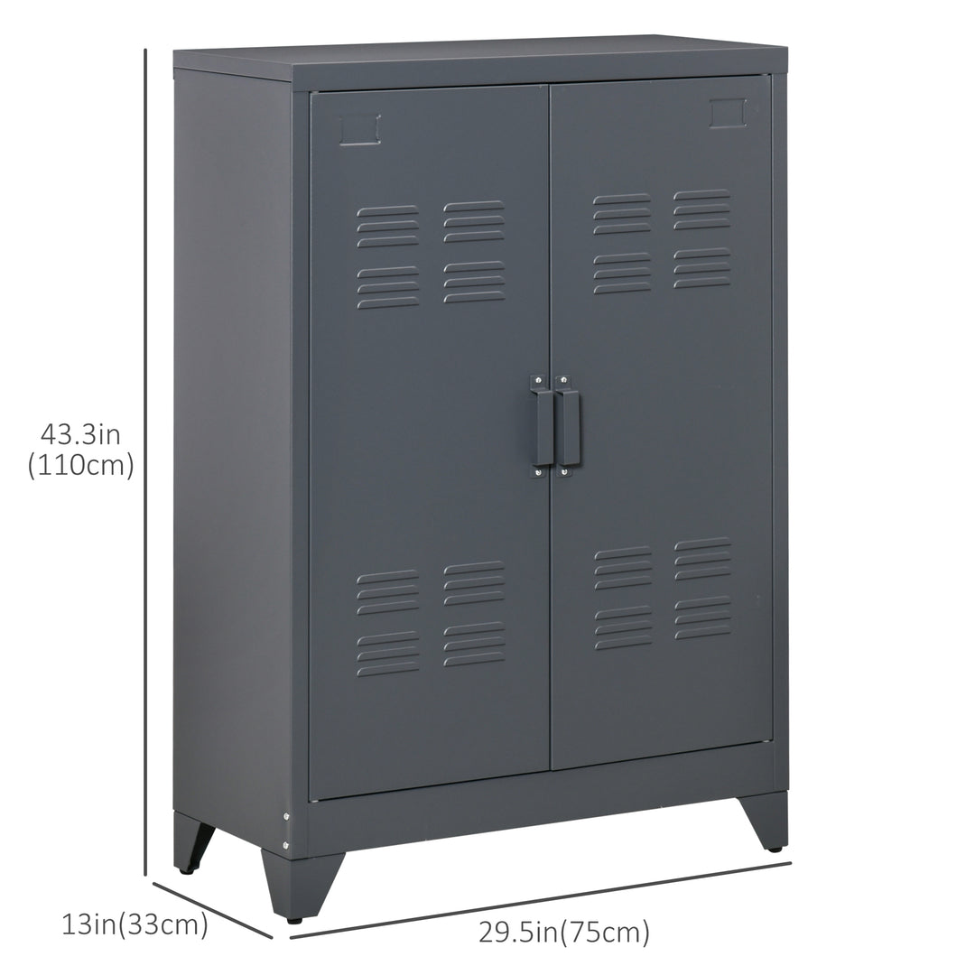 HOMCOM Metal Storage Cabinet, Industrial Sideboard Buffet Cabinet with 2 Louvered Doors, Adjustable Shelves, Grey