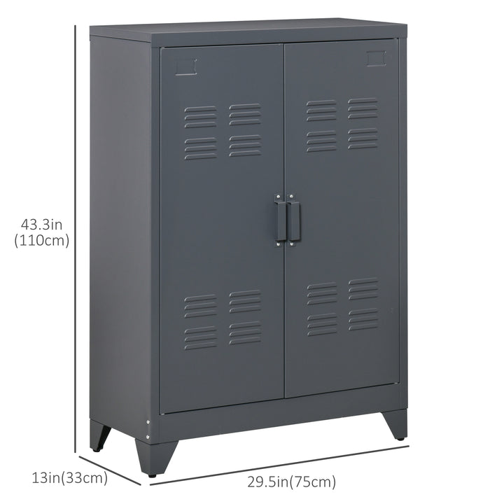HOMCOM Metal Storage Cabinet, Industrial Sideboard Buffet Cabinet with 2 Louvered Doors, Adjustable Shelves, Grey