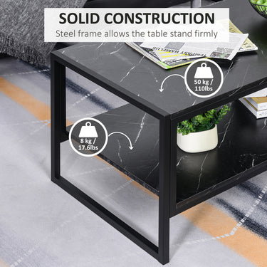 HOMCOM 2-Tier Coffee Table with Storage Shelf, Cocktail Table with Marble Textured Table Top, for Living Room Bedroom Dorm, Black