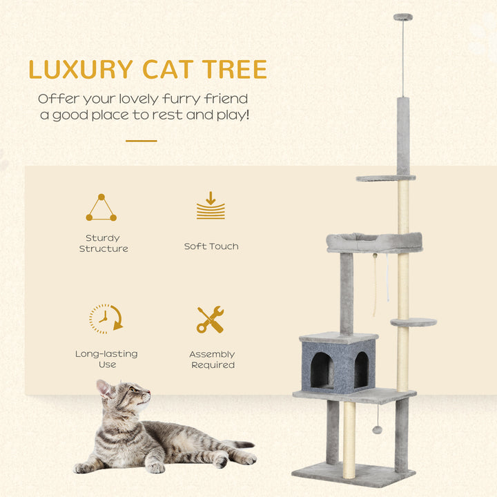 PawHut Cat Tree Floor to Ceiling Cat Tower Height Adjustable( 85-101 Inches), Tall Large Cat Climbing Activity Center with Scratching Posts Cat Condo Cozy Bed, Grey