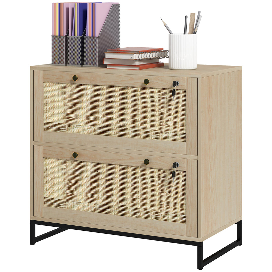 Vinsetto 2-Drawer Filing Cabinet with Lock, Rattan File Cabinet with Adjustable Hanging Bar, Natural